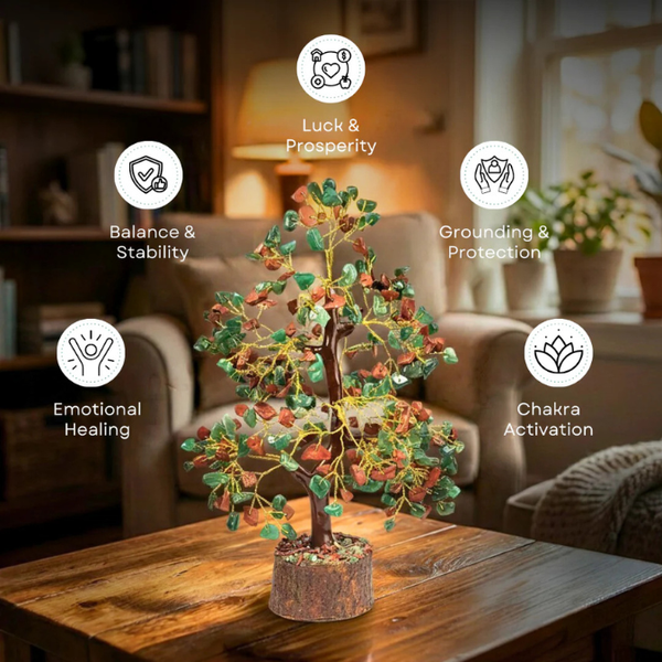 Natural Green Jade & Red Jasper 300 Chips Crystal Tree with Wooden Base