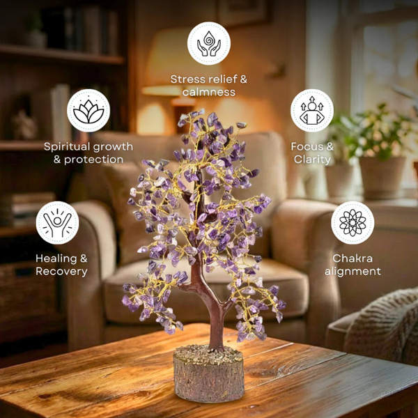 Natural Amethyst 300 Chips Crystal Tree with Wooden Base