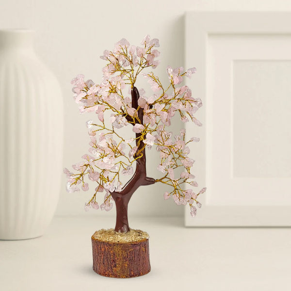 Natural Rose Quartz 300 Chips Crystal Tree with Wooden Base