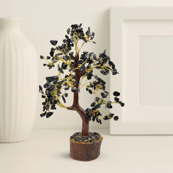 Natural Black Obsidian 300 Chips Crystal Tree with Wooden Base