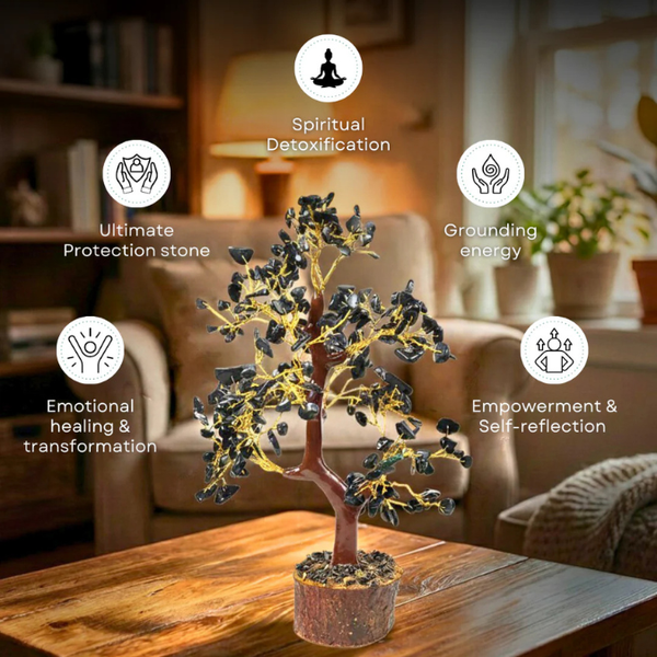 Natural Black Obsidian 300 Chips Crystal Tree with Wooden Base