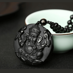 Natural Black Obsidian Stone Hand Carved Ganesha Goodluck Pendant