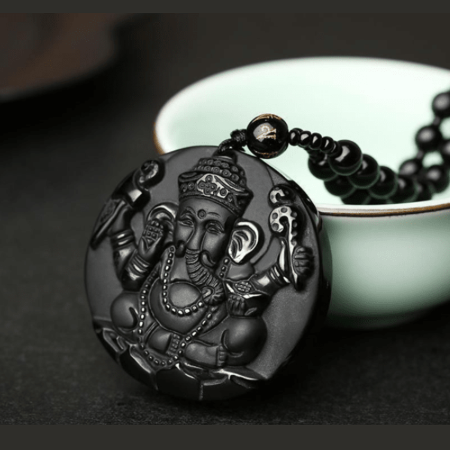 Natural Black Obsidian Stone Hand Carved Ganesha Goodluck Pendant