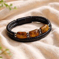 Karj Mukti Tiger Eye & Pyrite Money Manifest Leather Bracelet