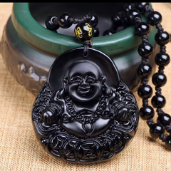 Natural Black Obsidian Stone Lucky Laughing Buddha Pendant