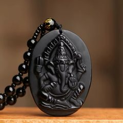 Natural Black Obsidian Stone Lambodar Ganpati Goodluck Pendant
