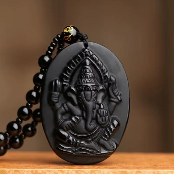 Natural Black Obsidian Stone Lambodar Ganpati Goodluck Pendant