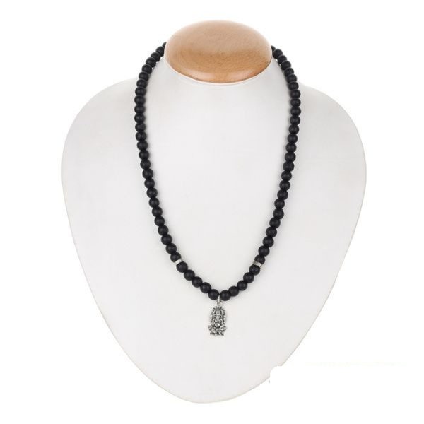 Black Onyx & Matte Agate With Stainless Steel Ganesha Pendant