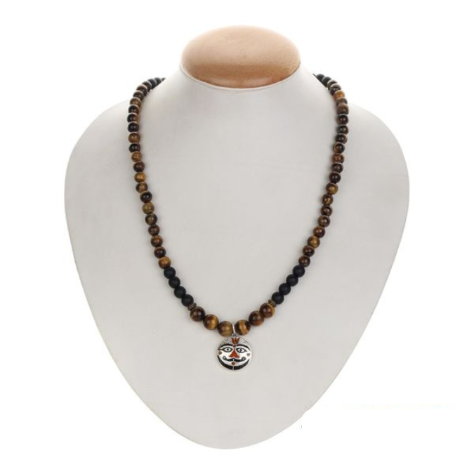 Original Silver Salasar Balaji Pendant With Tiger Eye & Matt Black Agate Mala