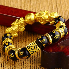 Gold Plated With Obsidian Stone Double Wealth Pixiu Fengshui Bracelet