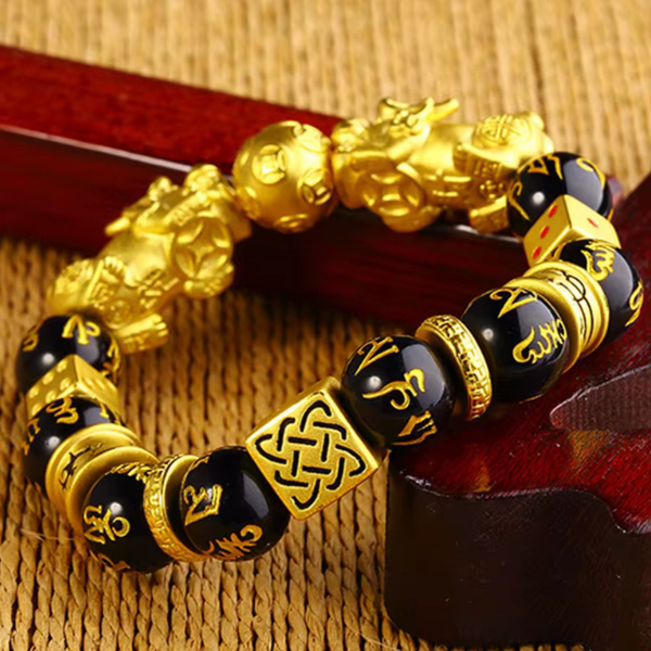 Gold Plated With Obsidian Stone Double Wealth Pixiu Fengshui Bracelet