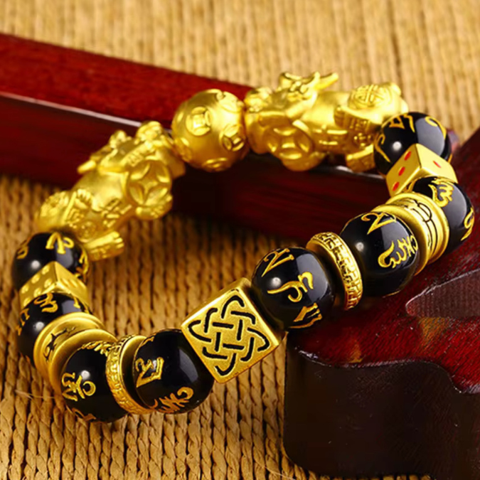 Gold Plated With Obsidian Stone Double Wealth Pixiu Fengshui Bracelet