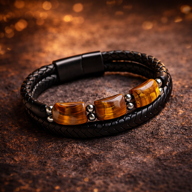 Karj Mukti Tiger Eye & Pyrite Money Manifest Leather Bracelet