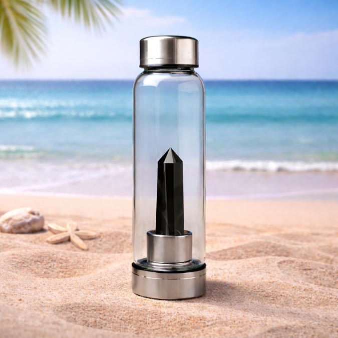Natural Black Obsidian Pencil With Glass Water Bottle