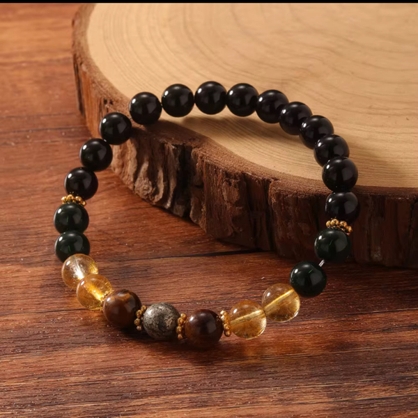 Natural Black Tourmaline Citrine With Tiger Eye Pyrite Powerful Bracelet