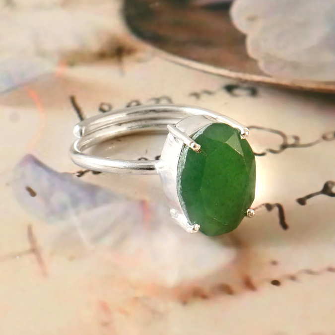 Natural Green Jade Business Growth Adjustable Ring
