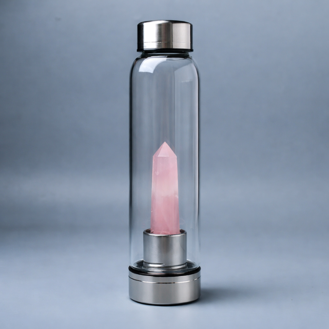 Natural Rose Quartz Pencil With Glass Water Bottle