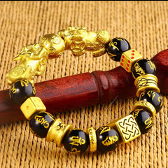 Gold Plated With Obsidian Stone Double Wealth Pixiu Fengshui Bracelet