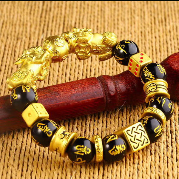 Gold Plated With Obsidian Stone Double Wealth Pixiu Fengshui Bracelet