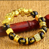 Gold Plated With Obsidian Stone Double Wealth Pixiu Fengshui Bracelet