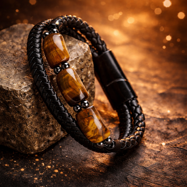 Karj Mukti Tiger Eye & Pyrite Money Manifest Leather Bracelet