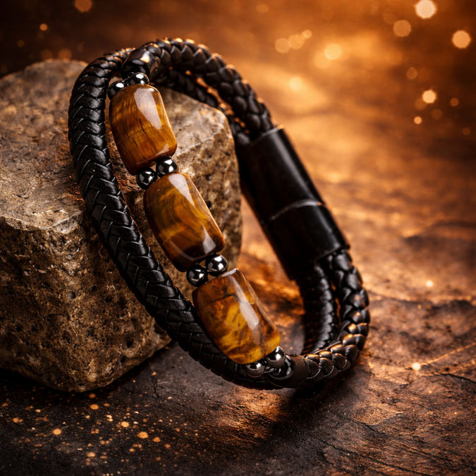 Karj Mukti Tiger Eye & Pyrite Money Manifest Leather Bracelet