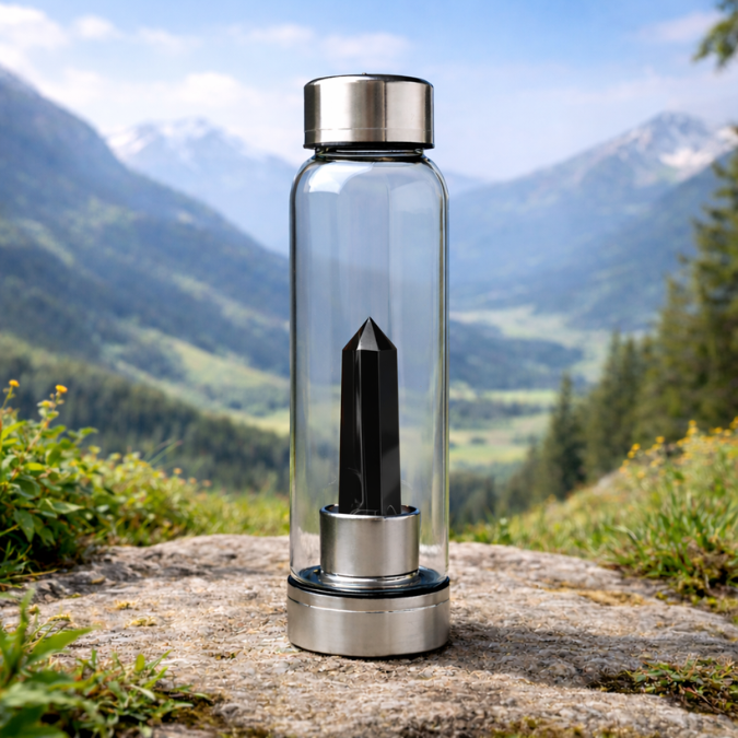 Natural Black Obsidian Pencil With Glass Water Bottle