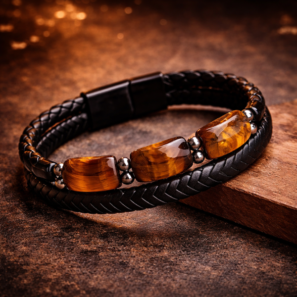 Karj Mukti Tiger Eye & Pyrite Money Manifest Leather Bracelet