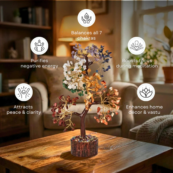 Natural 7 Chakra 300 Chips Crystal Tree with Wooden Base