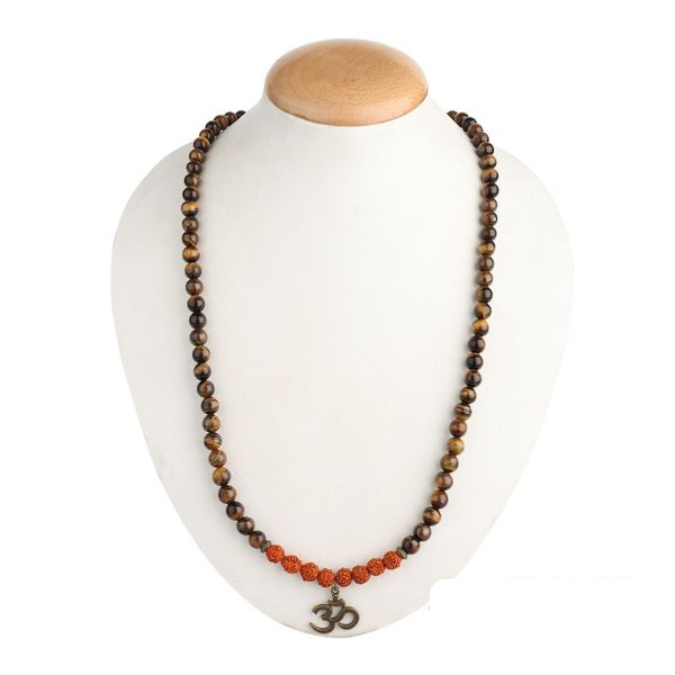 Natural Rudraksha & Tiger Eye Om Buddha Goodluck Pendant Mala