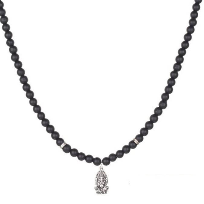 Black Onyx & Matte Agate With Stainless Steel Ganesha Pendant