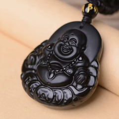 Natural Black Obsidian Stone Lucky Laughing Buddha Pendant
