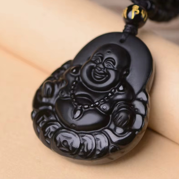 Natural Black Obsidian Stone Lucky Laughing Buddha Pendant