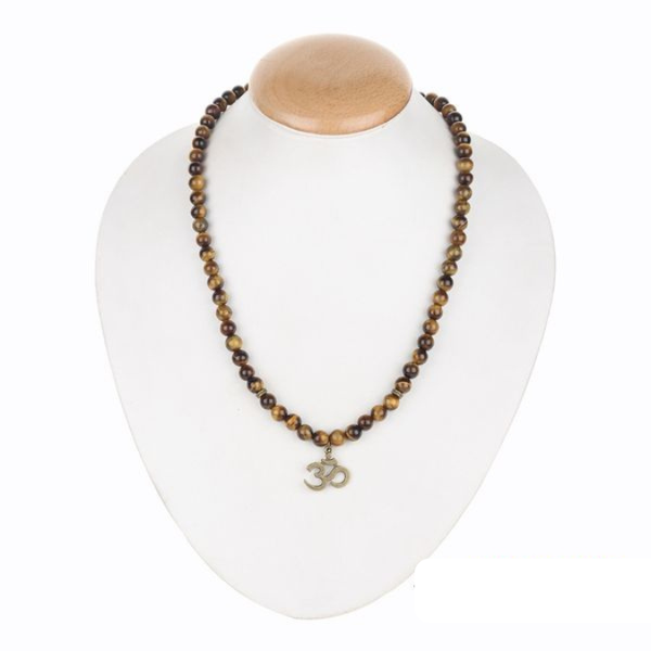 Natural Tiger Eye Om Buddha Happiness Pendant Mala