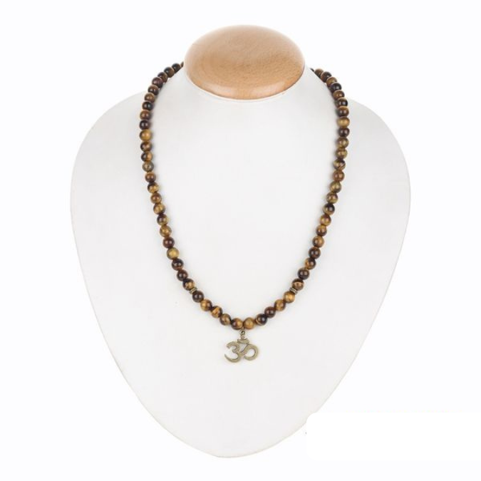 Natural Tiger Eye Om Buddha Happiness Pendant Mala
