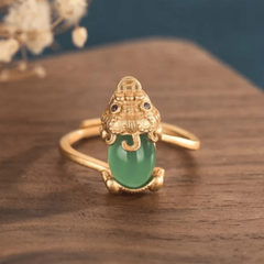 Golden Pixiu With Green Aventurine Goodluck Ring