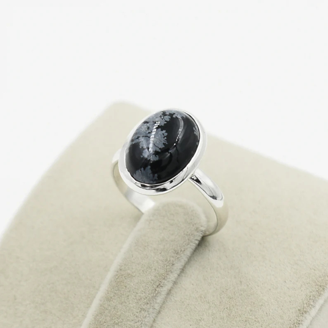 Natural Snow Obsidian Wealth Adjustable Ring