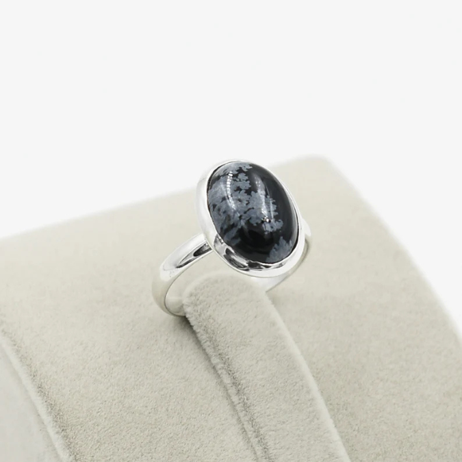 Natural Snow Obsidian Wealth Adjustable Ring
