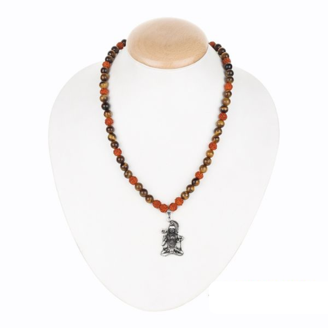 Natural Rudraksha & Tiger Eye Stone Stainless Steel Shiva Pendant