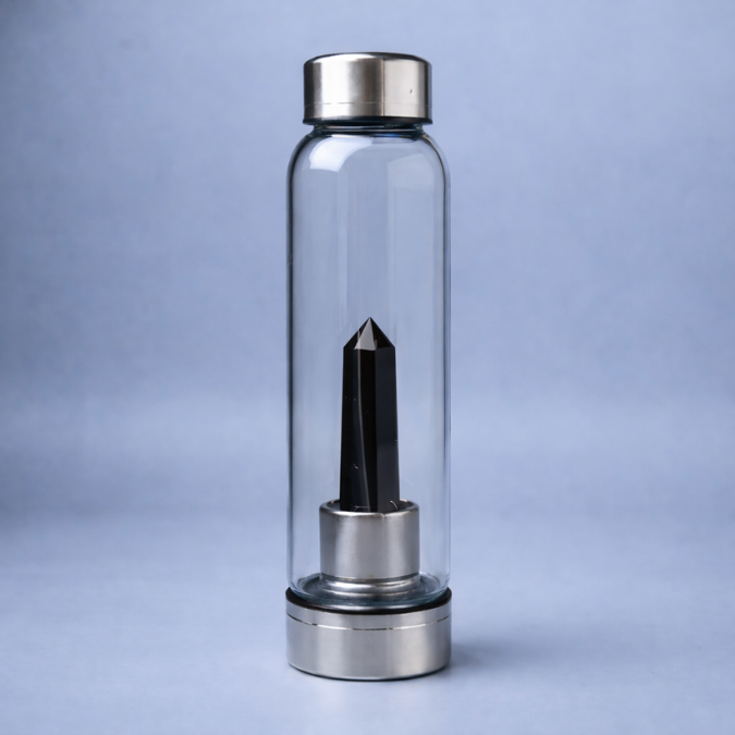 Natural Black Obsidian Pencil With Glass Water Bottle