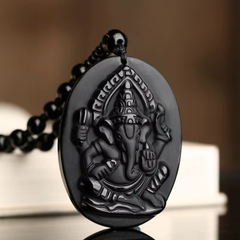 Natural Black Obsidian Stone Lambodar Ganpati Goodluck Pendant
