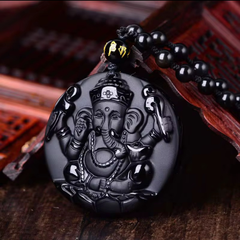 Natural Black Obsidian Stone Hand Carved Ganesha Goodluck Pendant