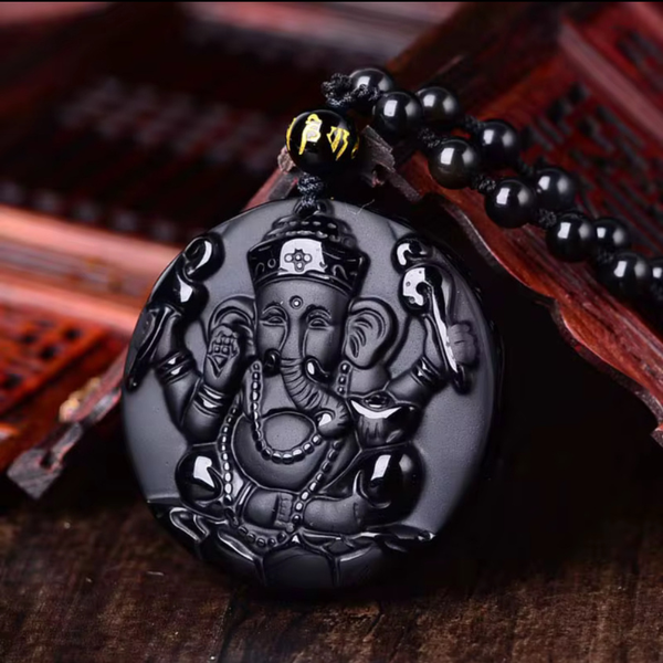 Natural Black Obsidian Stone Hand Carved Ganesha Goodluck Pendant
