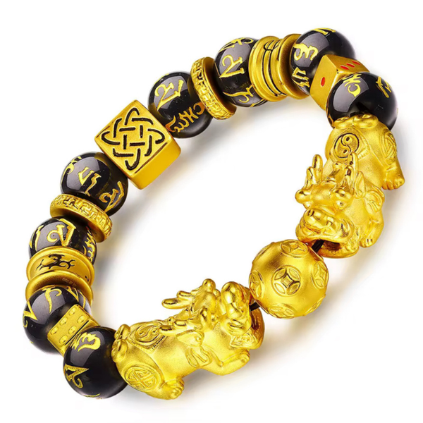 Gold Plated With Obsidian Stone Double Wealth Pixiu Fengshui Bracelet
