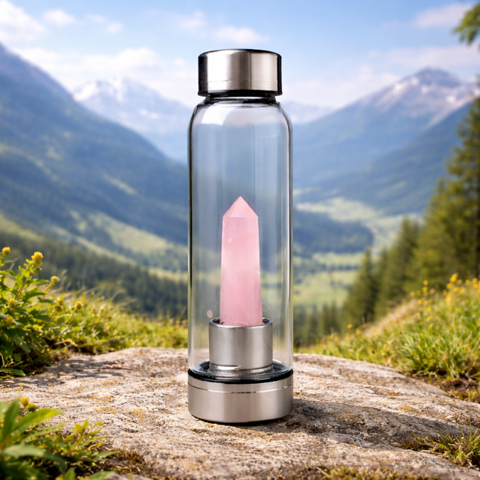 Natural Rose Quartz Pencil With Glass Water Bottle