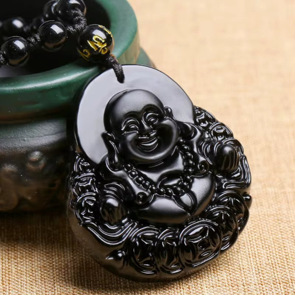 Natural Black Obsidian Stone Lucky Laughing Buddha Pendant