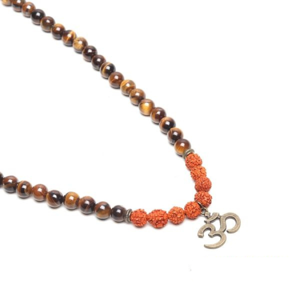 Natural Rudraksha & Tiger Eye Om Buddha Goodluck Pendant Mala