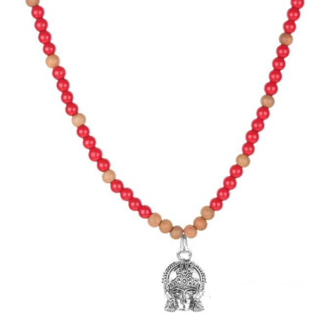 Red Coral (Lal Moonga) & Sandalwood With Stainless Steel Hanuman ji Pendant