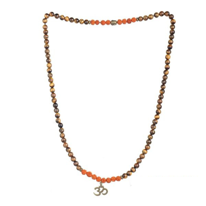 Natural Rudraksha & Tiger Eye Om Buddha Goodluck Pendant Mala