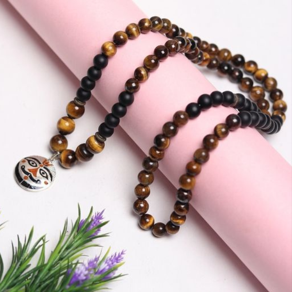 Original Silver Salasar Balaji Pendant With Tiger Eye & Matt Black Agate Mala